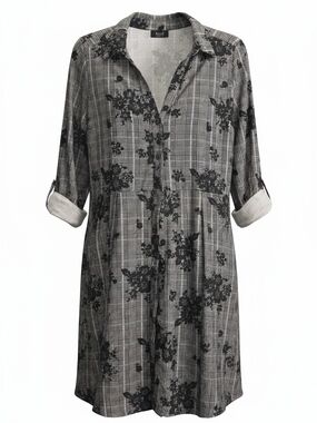 Derek Heart XL Plaid Floral Tunic Shirt Dress Gray Black Button Down Roll Tab